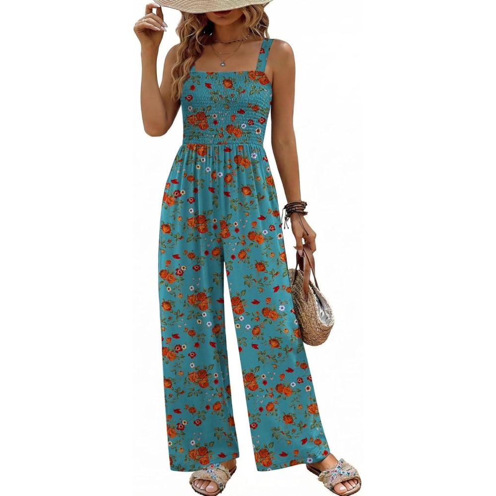 imageEkouaer Womens Casual Loose Jumpsuits One Piece Sleeveless Overalls Printed Long Pant Romper Fashion Boho Jumper with PocketFloral Blue Green