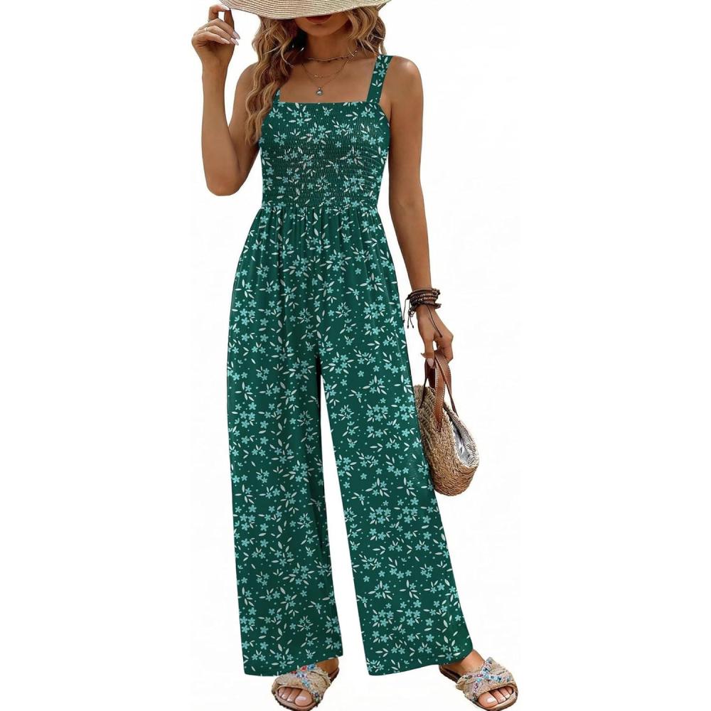 imageEkouaer Womens Casual Loose Jumpsuits One Piece Sleeveless Overalls Printed Long Pant Romper Fashion Boho Jumper with PocketFloral Lake Green