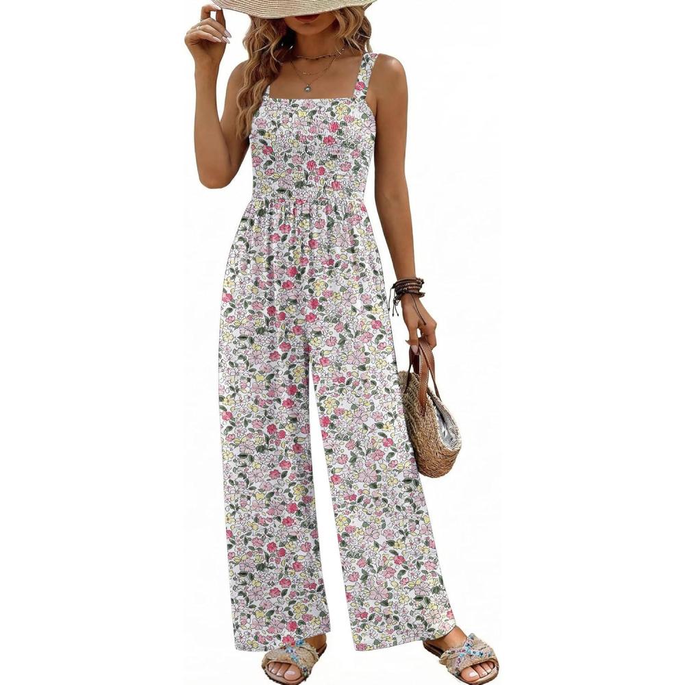 imageEkouaer Womens Casual Loose Jumpsuits One Piece Sleeveless Overalls Printed Long Pant Romper Fashion Boho Jumper with PocketWhite Print 2