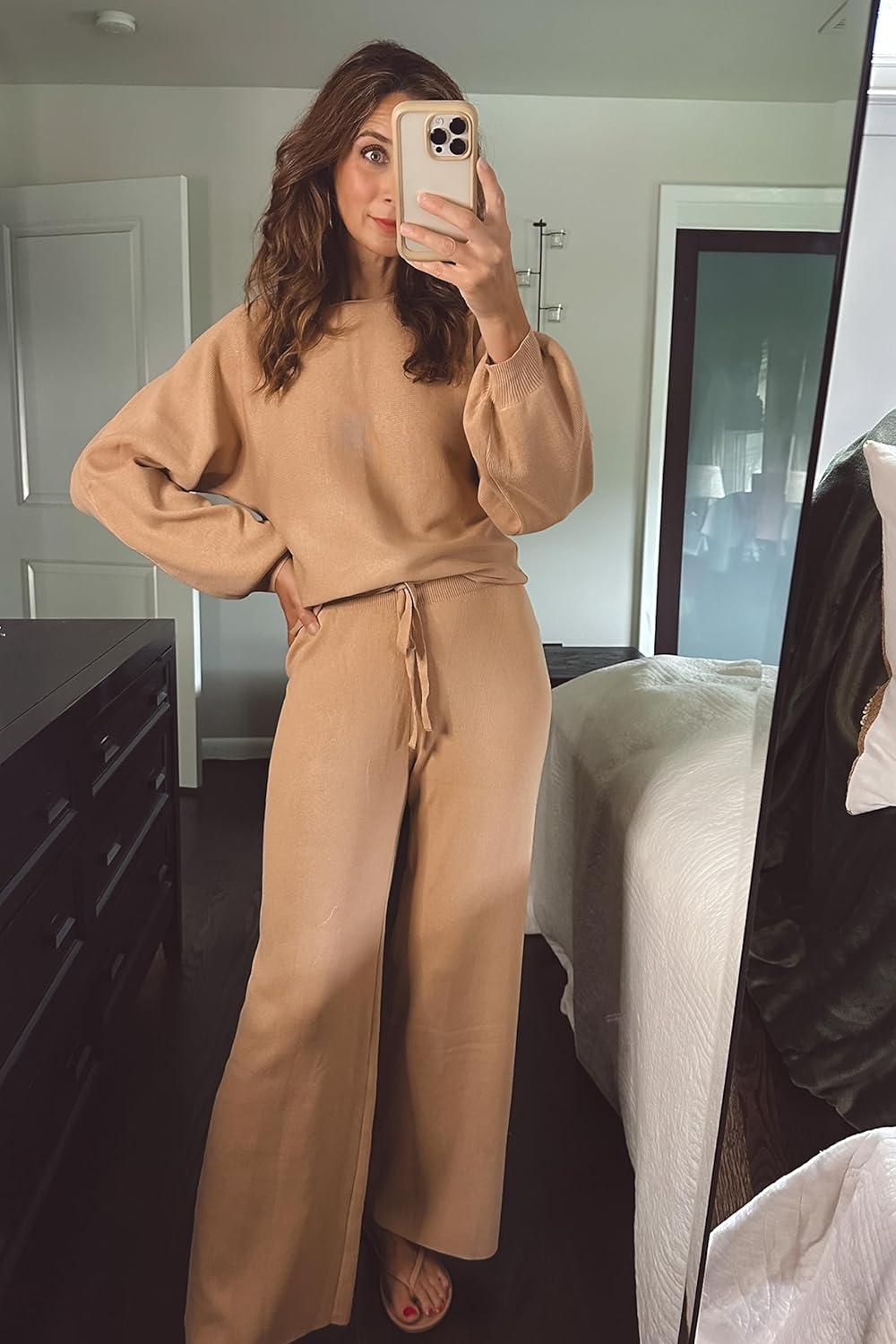imageEkouaer Knit Lounge Sets for Women 2 Piece Cozy Long Sleeve Pullover Sweater Top and Wide Leg Pants Set Pajamas OutfitsKhaki