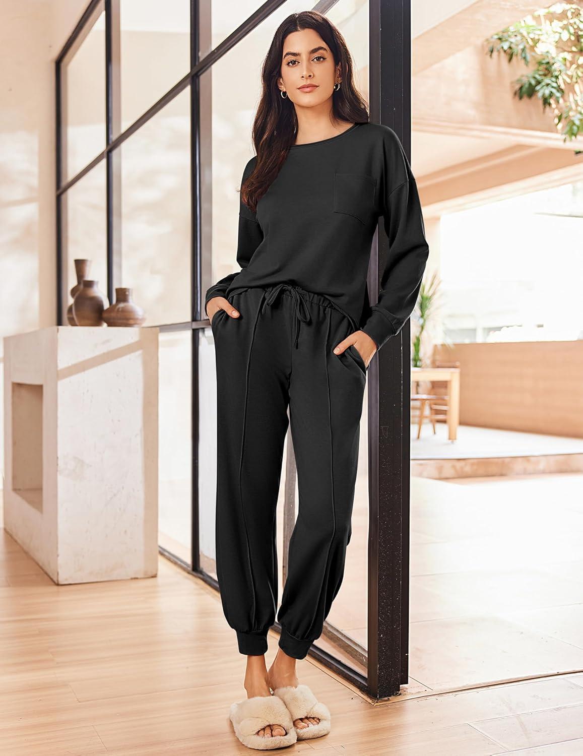 imageEkouaer Lounge Sets for Women 2 Piece Jogger Pajama Long Sleeve Pants Loungewear Sweatsuits Casual Matching OutfitsBlack