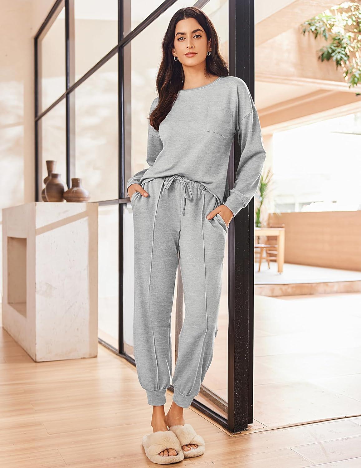 imageEkouaer Lounge Sets for Women 2 Piece Jogger Pajama Long Sleeve Pants Loungewear Sweatsuits Casual Matching OutfitsLight Grey