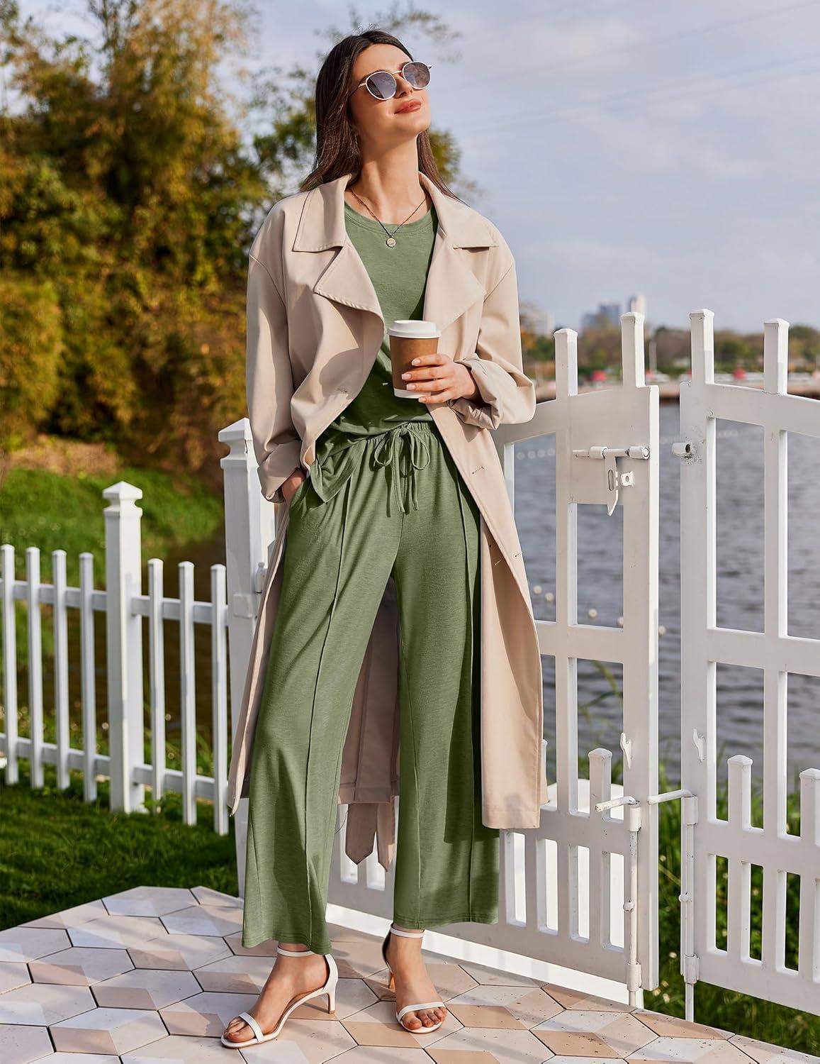 imageEkouaer Lounge Sets for Women Short Sleeve Pullover Tops and Long Pants Soft Pajamas Set 2 Piece Outfits SXXLArmy Green