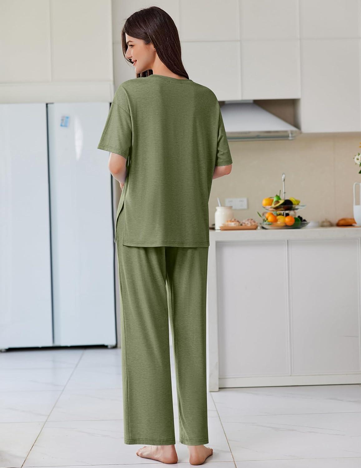 imageEkouaer Lounge Sets for Women Short Sleeve Pullover Tops and Long Pants Soft Pajamas Set 2 Piece Outfits SXXLArmy Green