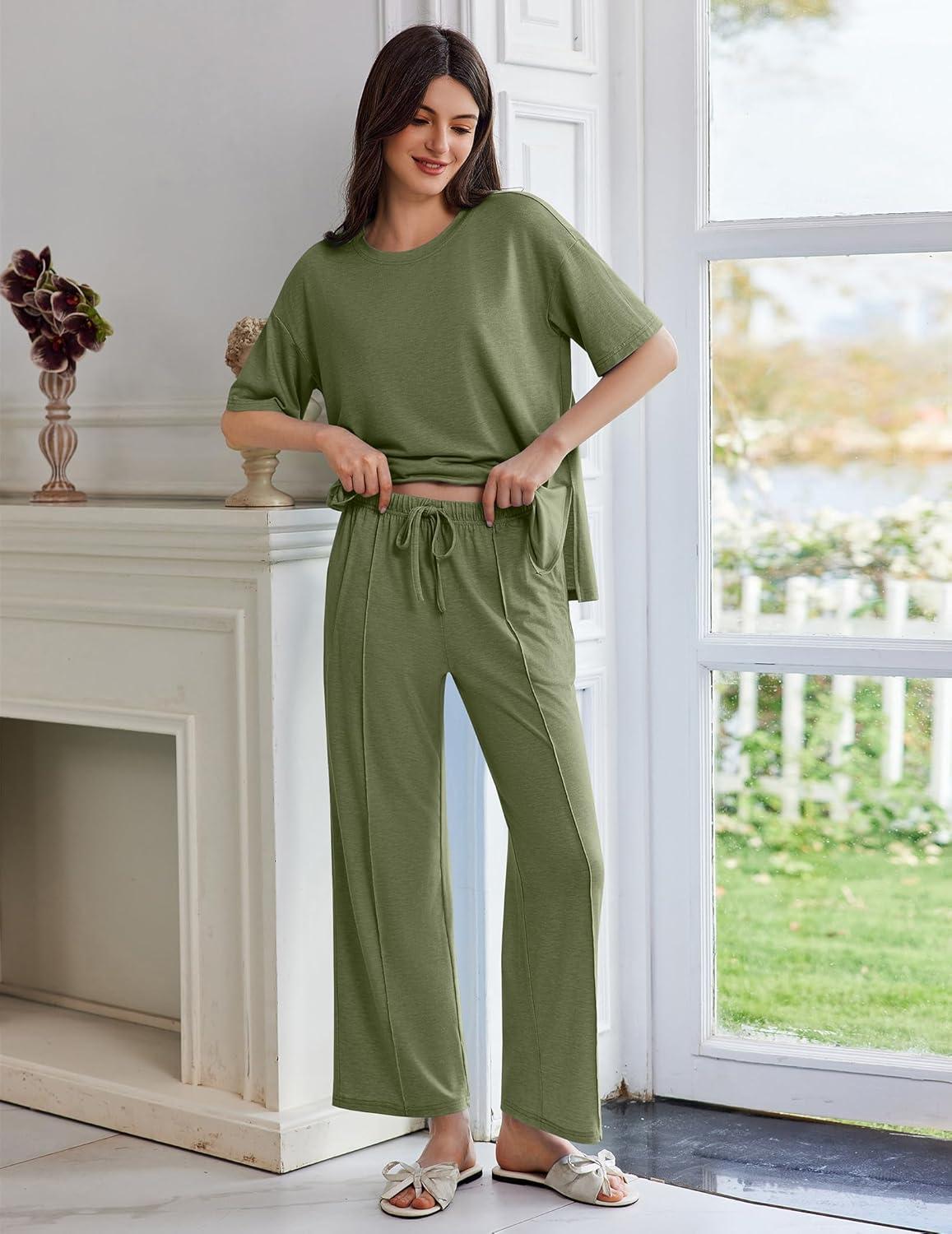imageEkouaer Lounge Sets for Women Short Sleeve Pullover Tops and Long Pants Soft Pajamas Set 2 Piece Outfits SXXLArmy Green