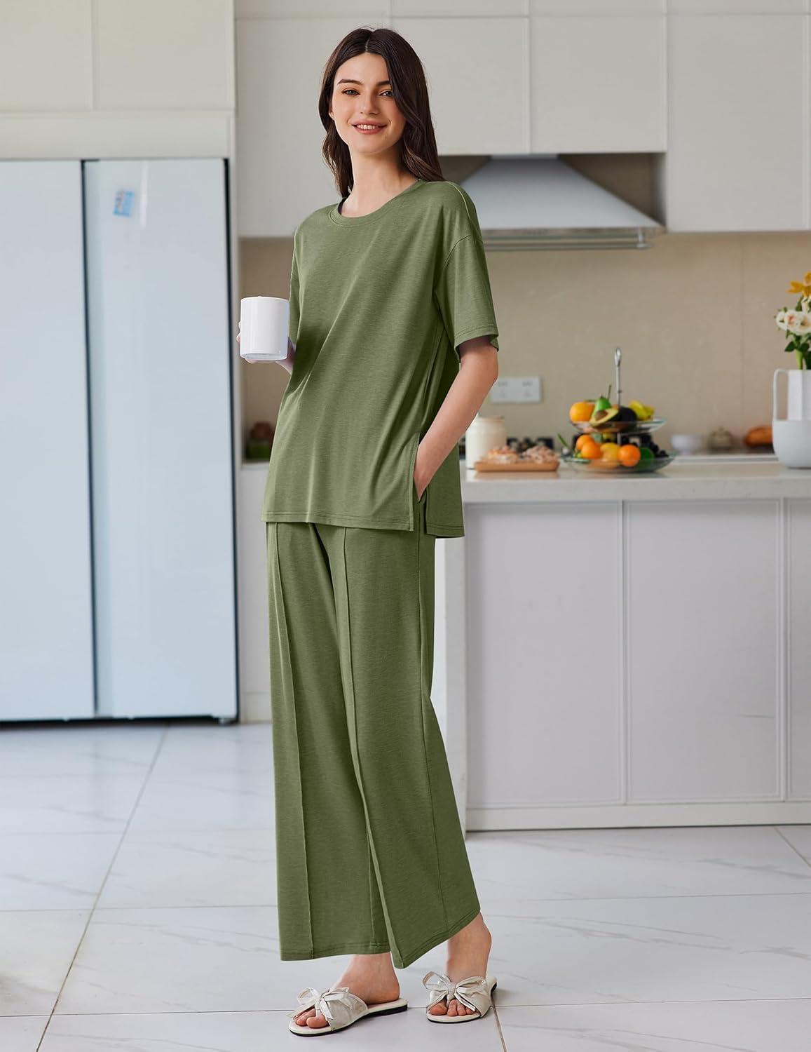 imageEkouaer Lounge Sets for Women Short Sleeve Pullover Tops and Long Pants Soft Pajamas Set 2 Piece Outfits SXXLArmy Green