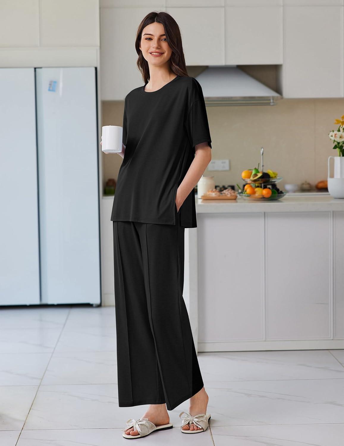 imageEkouaer Lounge Sets for Women Short Sleeve Pullover Tops and Long Pants Soft Pajamas Set 2 Piece Outfits SXXLBlack