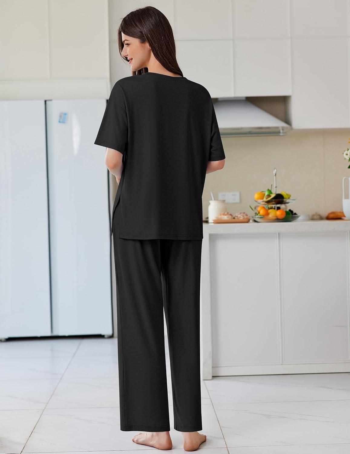imageEkouaer Lounge Sets for Women Short Sleeve Pullover Tops and Long Pants Soft Pajamas Set 2 Piece Outfits SXXLBlack
