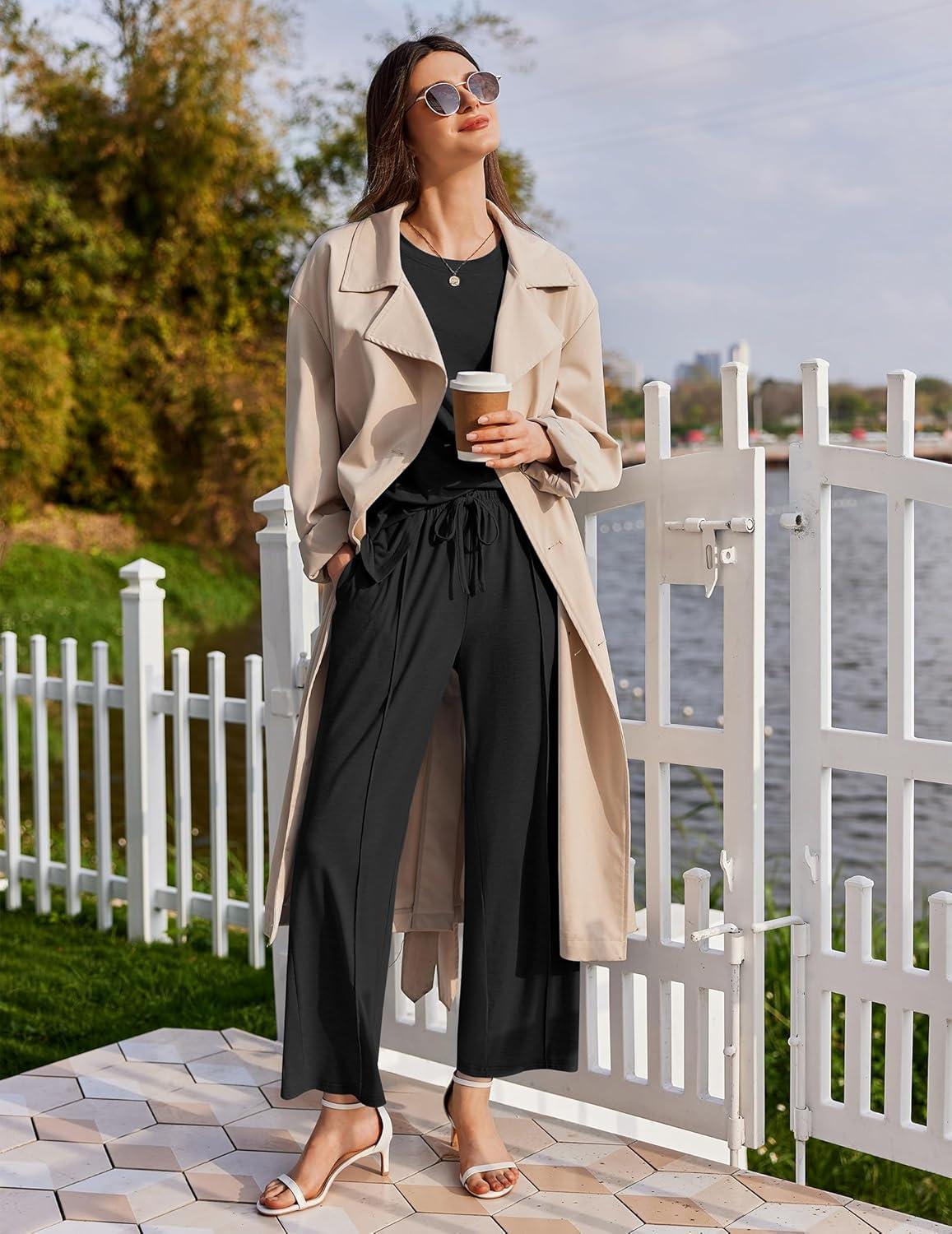 imageEkouaer Lounge Sets for Women Short Sleeve Pullover Tops and Long Pants Soft Pajamas Set 2 Piece Outfits SXXLBlack