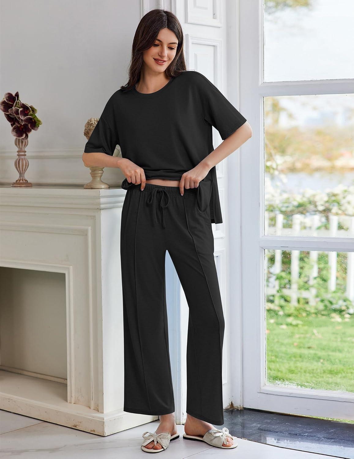 imageEkouaer Lounge Sets for Women Short Sleeve Pullover Tops and Long Pants Soft Pajamas Set 2 Piece Outfits SXXLBlack
