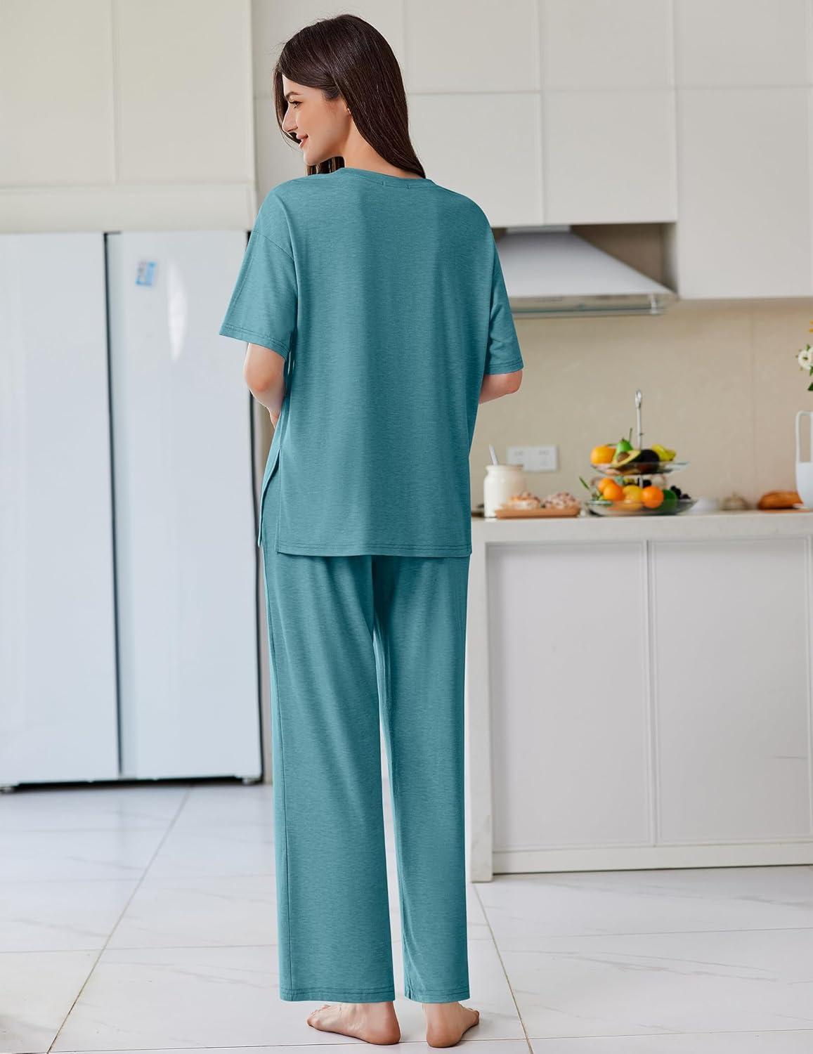 imageEkouaer Lounge Sets for Women Short Sleeve Pullover Tops and Long Pants Soft Pajamas Set 2 Piece Outfits SXXLBlue Green