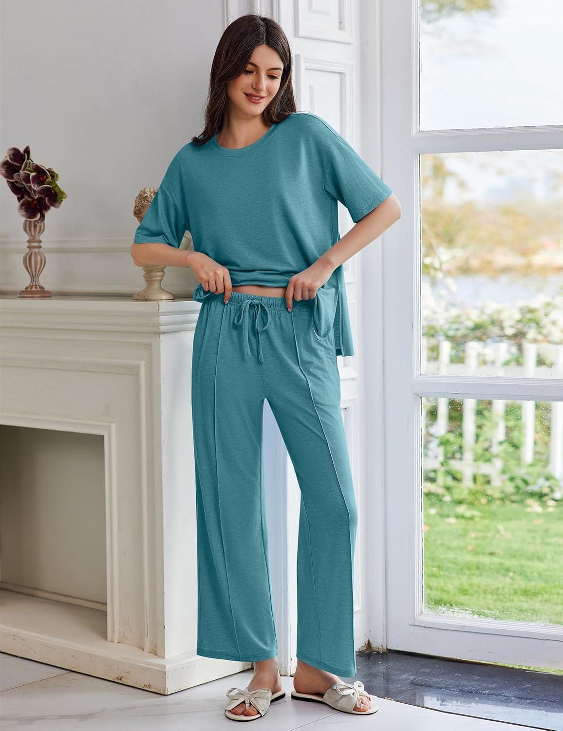 imageEkouaer Lounge Sets for Women Short Sleeve Pullover Tops and Long Pants Soft Pajamas Set 2 Piece Outfits SXXLBlue Green