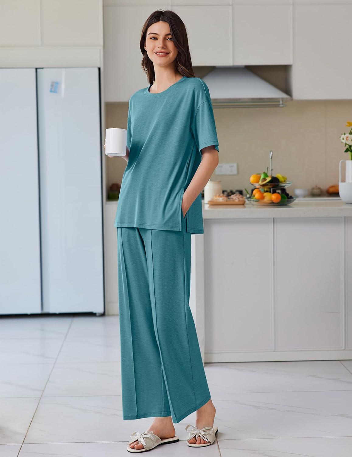 imageEkouaer Lounge Sets for Women Short Sleeve Pullover Tops and Long Pants Soft Pajamas Set 2 Piece Outfits SXXLBlue Green