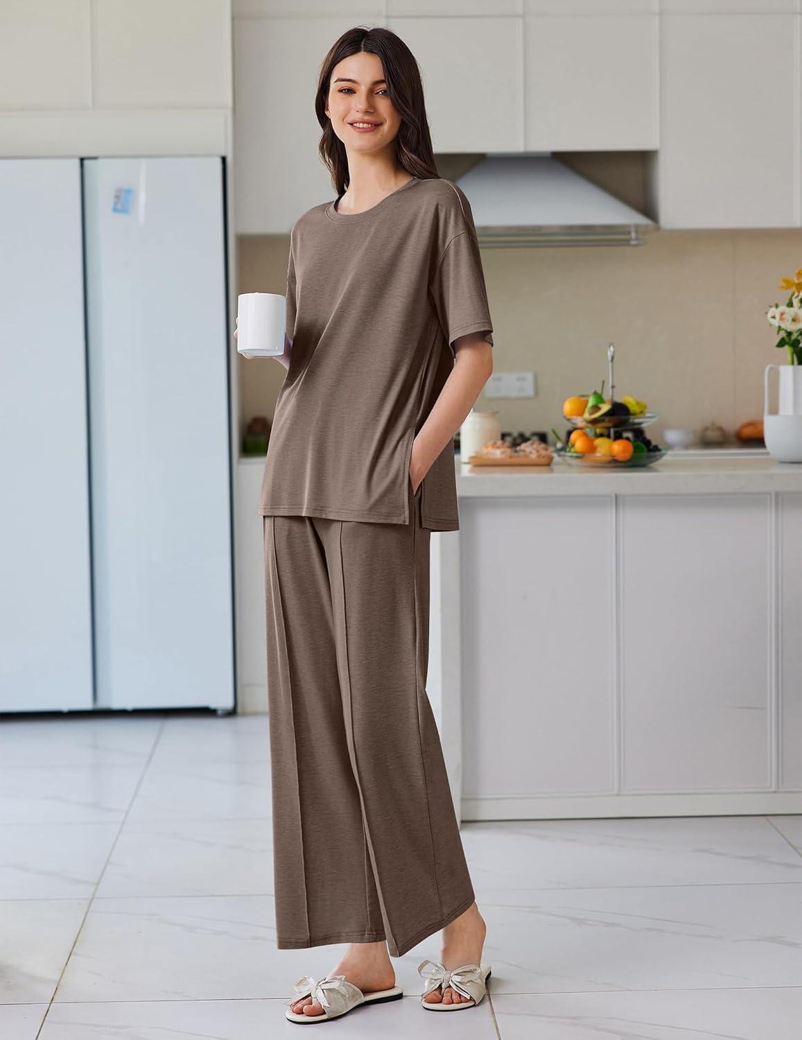 imageEkouaer Lounge Sets for Women Short Sleeve Pullover Tops and Long Pants Soft Pajamas Set 2 Piece Outfits SXXLBrown
