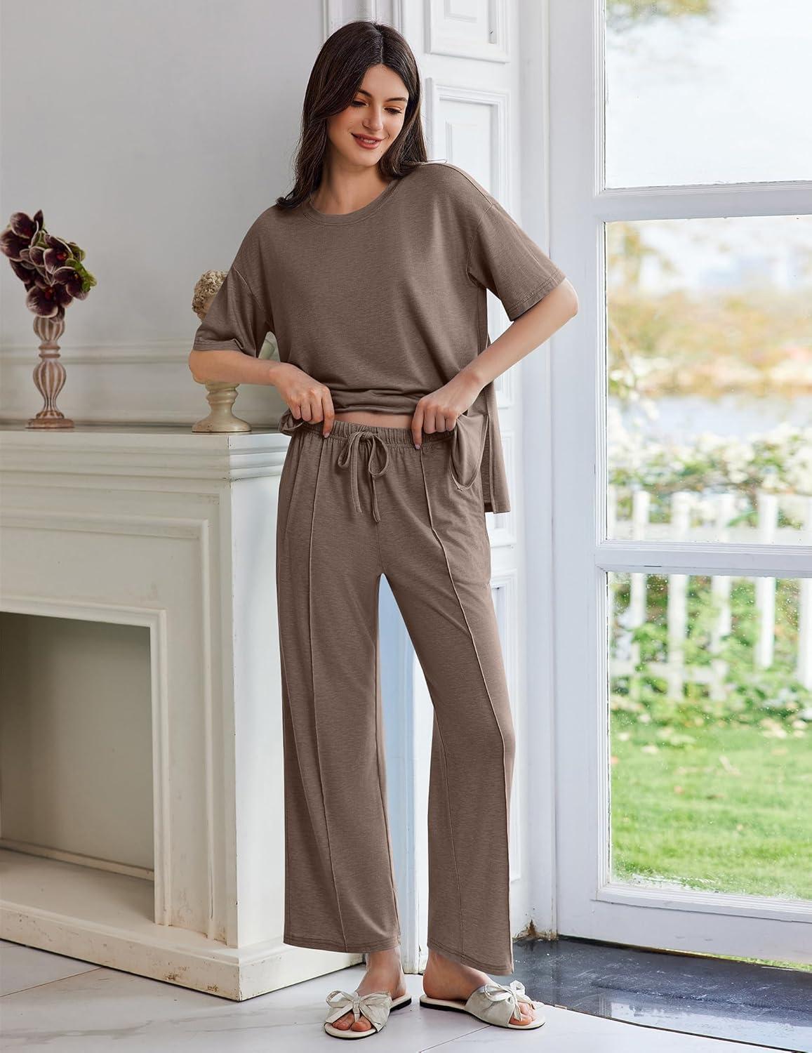 imageEkouaer Lounge Sets for Women Short Sleeve Pullover Tops and Long Pants Soft Pajamas Set 2 Piece Outfits SXXLBrown