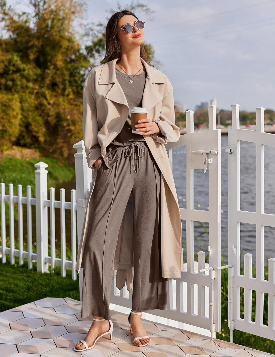 imageEkouaer Lounge Sets for Women Short Sleeve Pullover Tops and Long Pants Soft Pajamas Set 2 Piece Outfits SXXLBrown