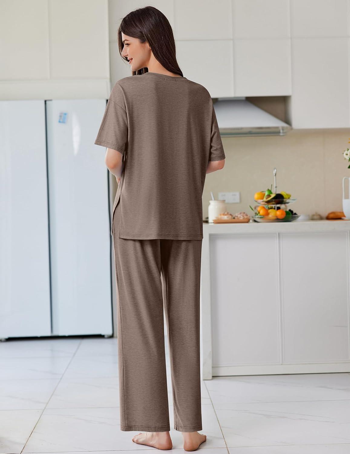 imageEkouaer Lounge Sets for Women Short Sleeve Pullover Tops and Long Pants Soft Pajamas Set 2 Piece Outfits SXXLBrown