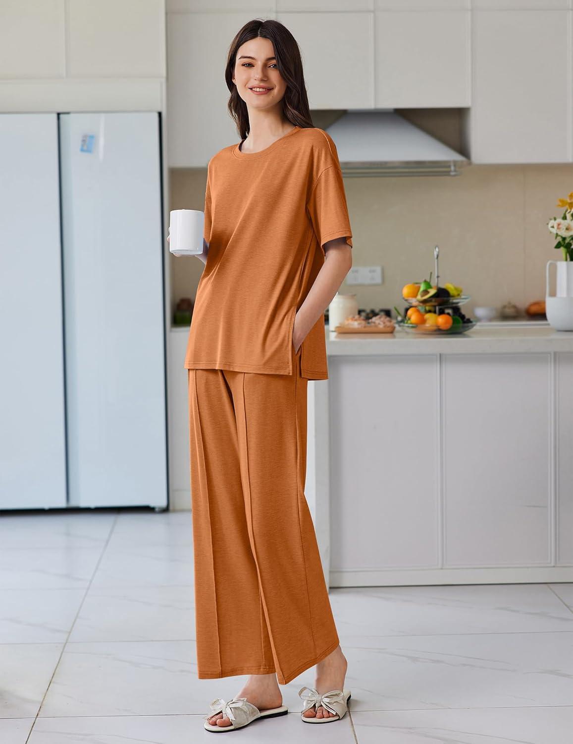 imageEkouaer Lounge Sets for Women Short Sleeve Pullover Tops and Long Pants Soft Pajamas Set 2 Piece Outfits SXXLCamel