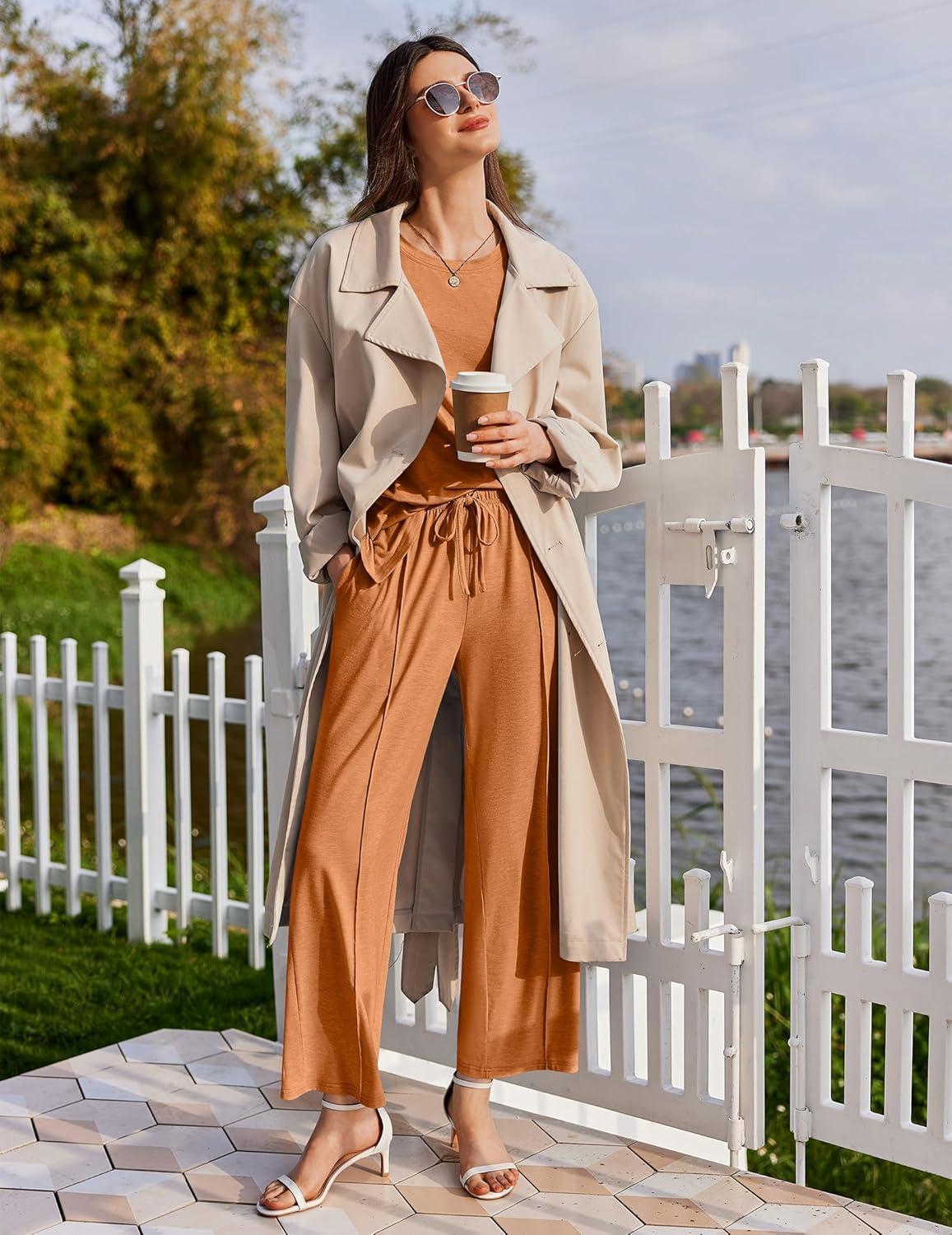 imageEkouaer Lounge Sets for Women Short Sleeve Pullover Tops and Long Pants Soft Pajamas Set 2 Piece Outfits SXXLCamel