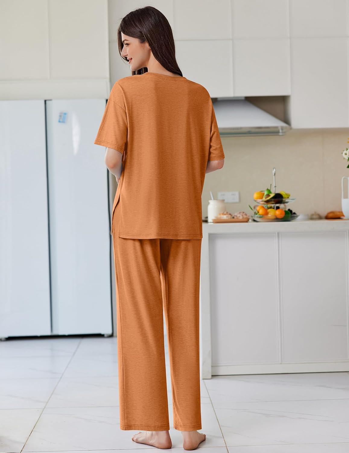 imageEkouaer Lounge Sets for Women Short Sleeve Pullover Tops and Long Pants Soft Pajamas Set 2 Piece Outfits SXXLCamel