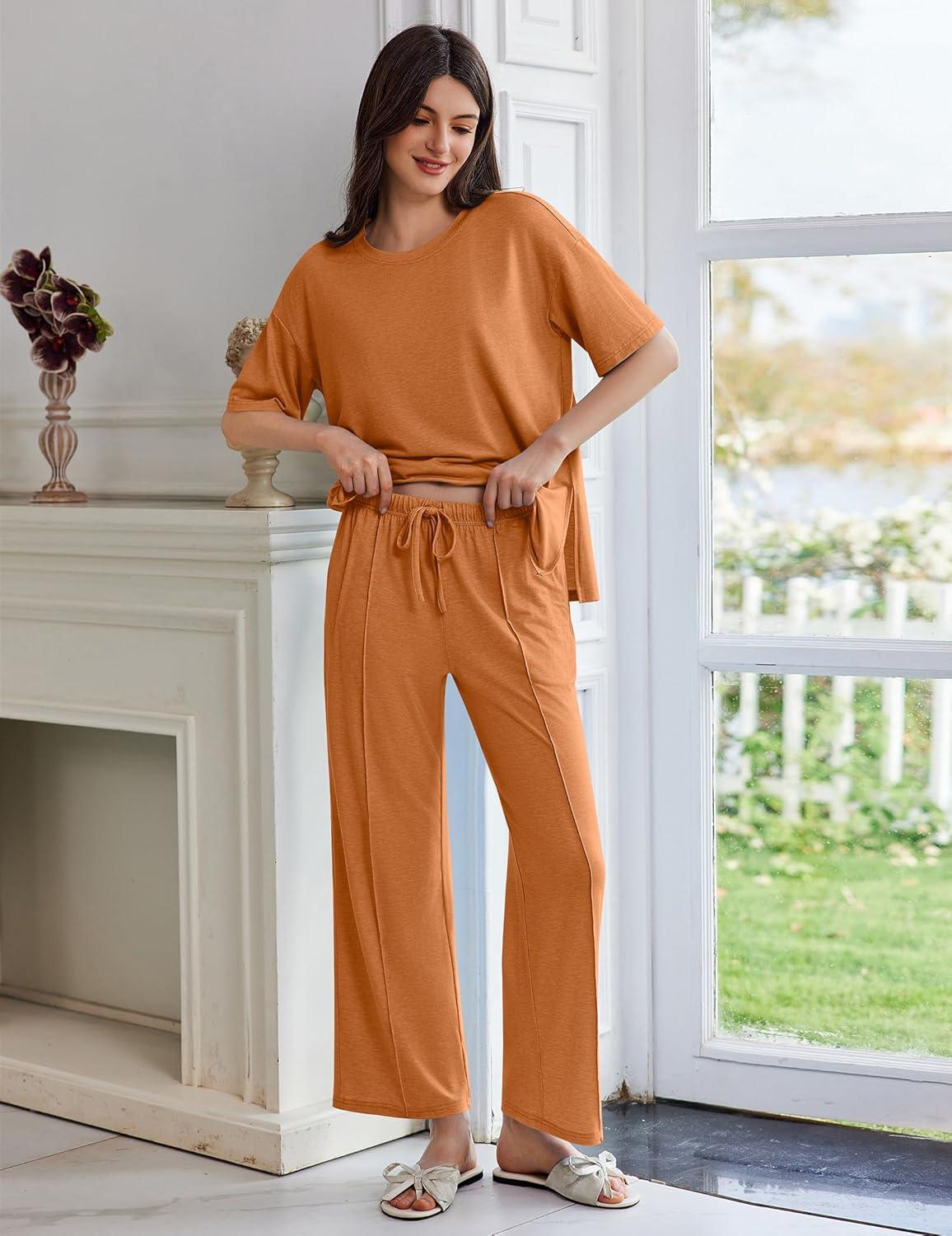 imageEkouaer Lounge Sets for Women Short Sleeve Pullover Tops and Long Pants Soft Pajamas Set 2 Piece Outfits SXXLCamel