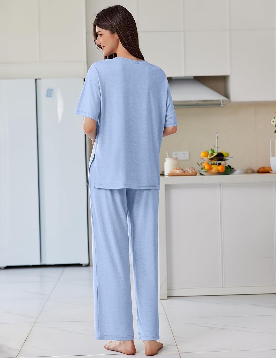 imageEkouaer Lounge Sets for Women Short Sleeve Pullover Tops and Long Pants Soft Pajamas Set 2 Piece Outfits SXXLClear Blue