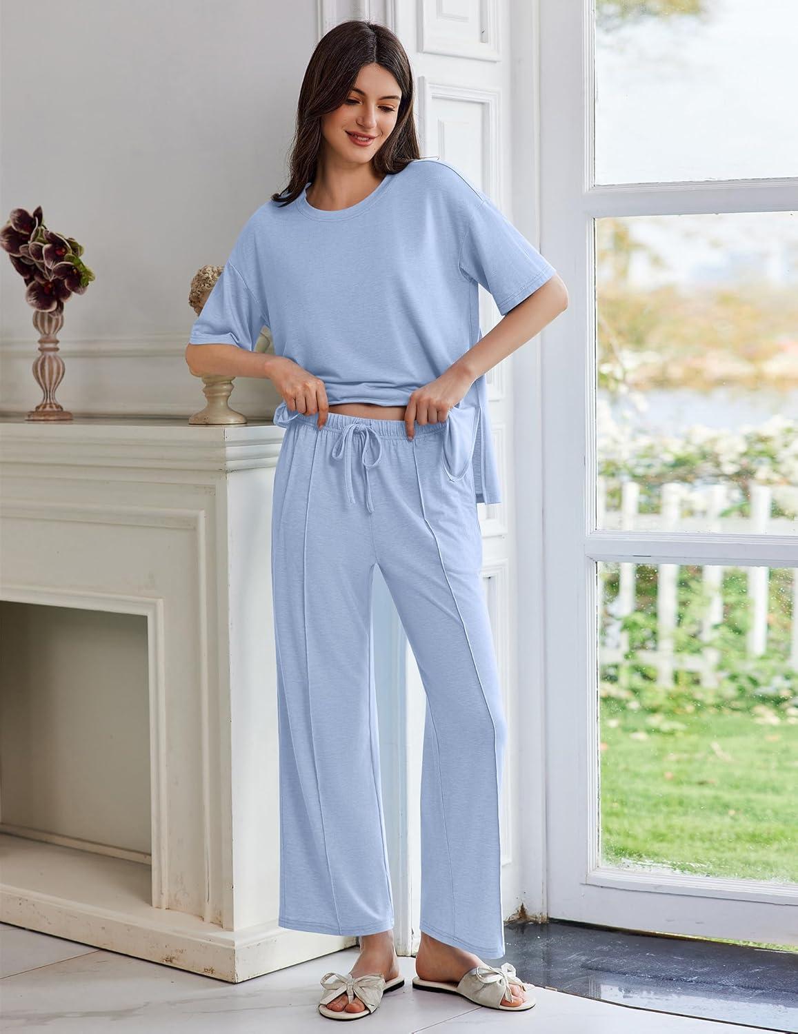imageEkouaer Lounge Sets for Women Short Sleeve Pullover Tops and Long Pants Soft Pajamas Set 2 Piece Outfits SXXLClear Blue