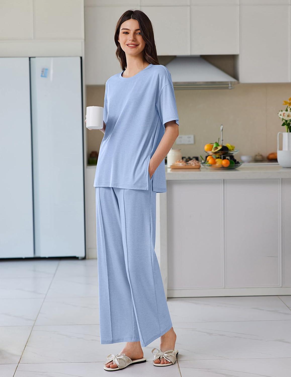 imageEkouaer Lounge Sets for Women Short Sleeve Pullover Tops and Long Pants Soft Pajamas Set 2 Piece Outfits SXXLClear Blue