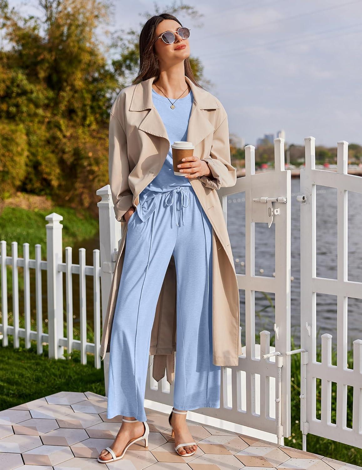 imageEkouaer Lounge Sets for Women Short Sleeve Pullover Tops and Long Pants Soft Pajamas Set 2 Piece Outfits SXXLClear Blue