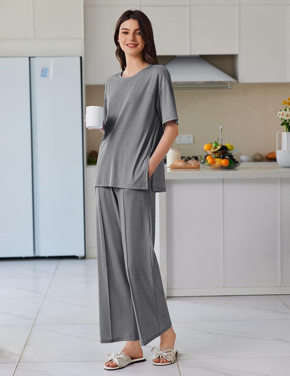 imageEkouaer Lounge Sets for Women Short Sleeve Pullover Tops and Long Pants Soft Pajamas Set 2 Piece Outfits SXXLDark Grey