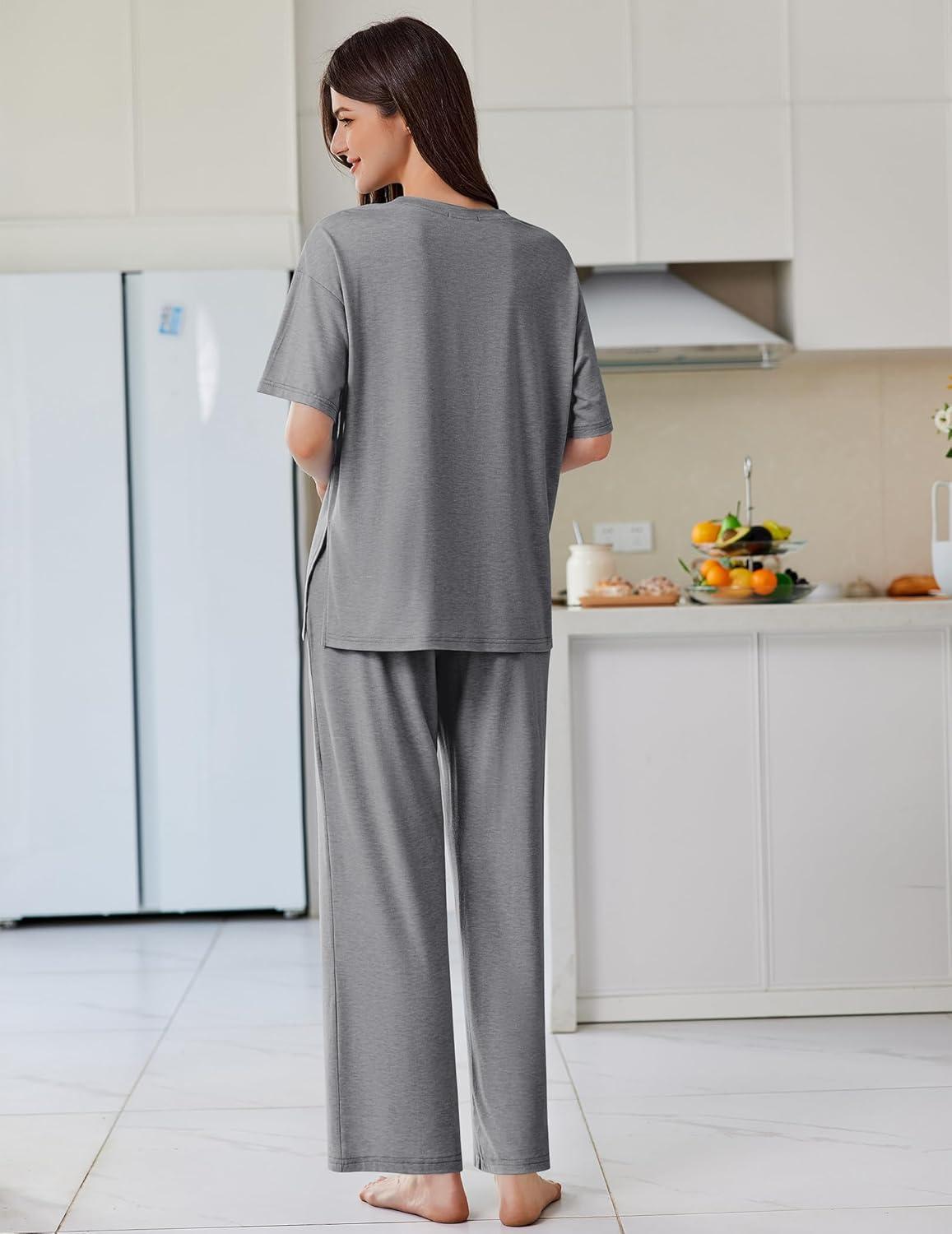 imageEkouaer Lounge Sets for Women Short Sleeve Pullover Tops and Long Pants Soft Pajamas Set 2 Piece Outfits SXXLDark Grey