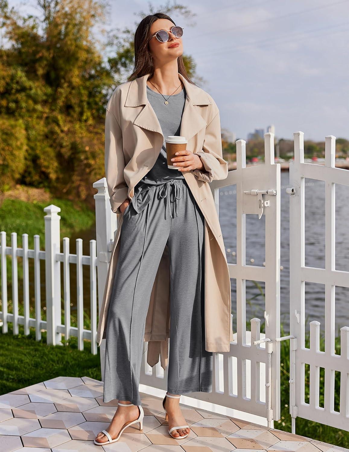 imageEkouaer Lounge Sets for Women Short Sleeve Pullover Tops and Long Pants Soft Pajamas Set 2 Piece Outfits SXXLDark Grey