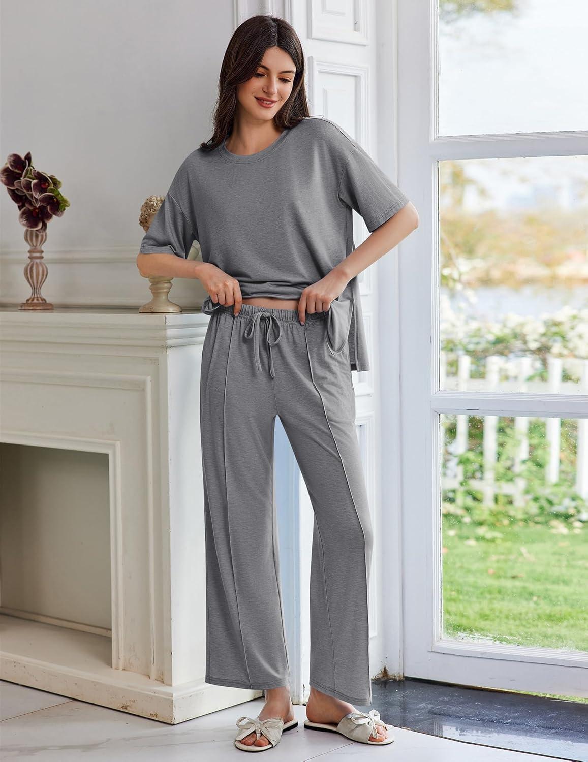 imageEkouaer Lounge Sets for Women Short Sleeve Pullover Tops and Long Pants Soft Pajamas Set 2 Piece Outfits SXXLDark Grey