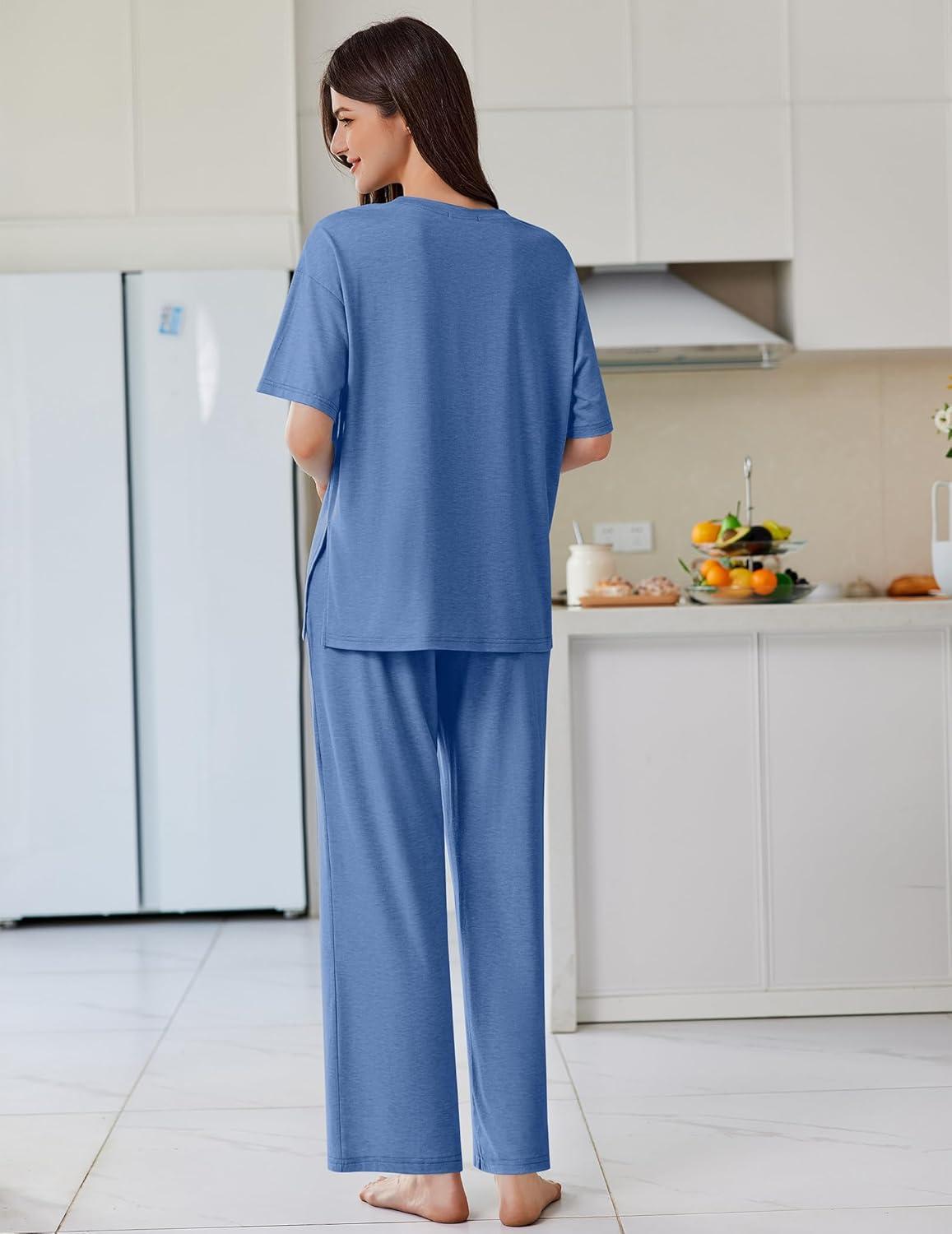 imageEkouaer Lounge Sets for Women Short Sleeve Pullover Tops and Long Pants Soft Pajamas Set 2 Piece Outfits SXXLNavy Blue