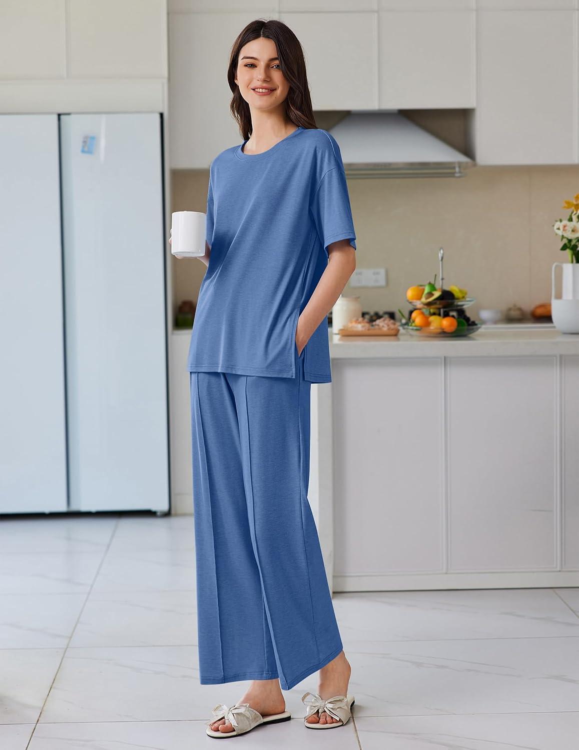 imageEkouaer Lounge Sets for Women Short Sleeve Pullover Tops and Long Pants Soft Pajamas Set 2 Piece Outfits SXXLNavy Blue