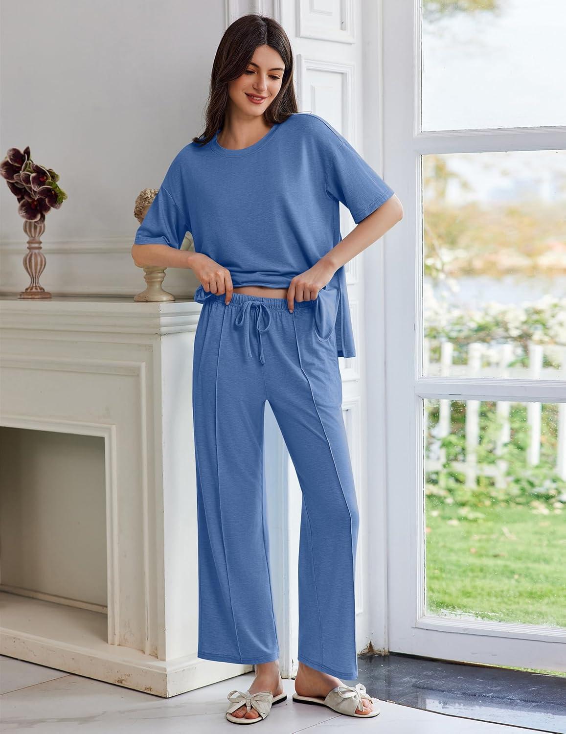 imageEkouaer Lounge Sets for Women Short Sleeve Pullover Tops and Long Pants Soft Pajamas Set 2 Piece Outfits SXXLNavy Blue