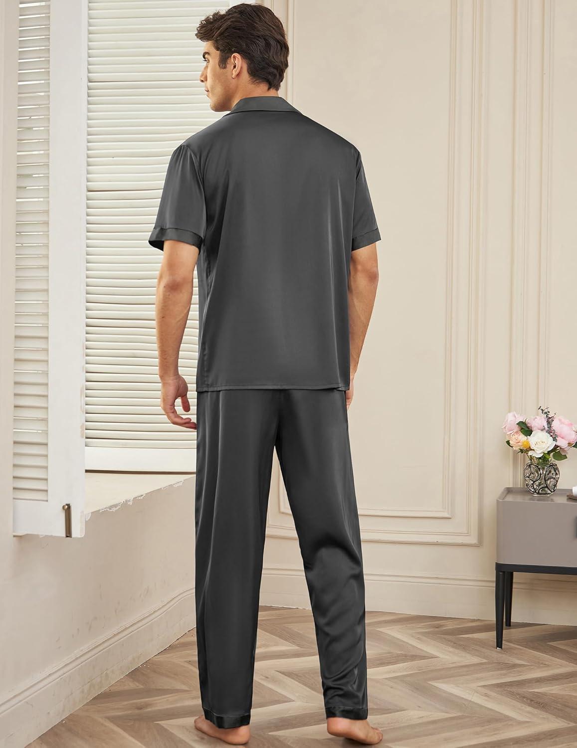 imageEkouaer Men Satin Silk Pajamas Set 2 Piece Button Down Sleepwear Long Pants Loungewear with PocketsDark Gray