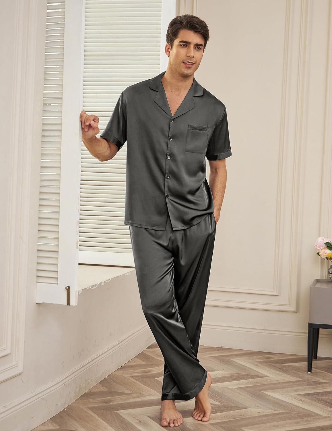 imageEkouaer Men Satin Silk Pajamas Set 2 Piece Button Down Sleepwear Long Pants Loungewear with PocketsDark Gray