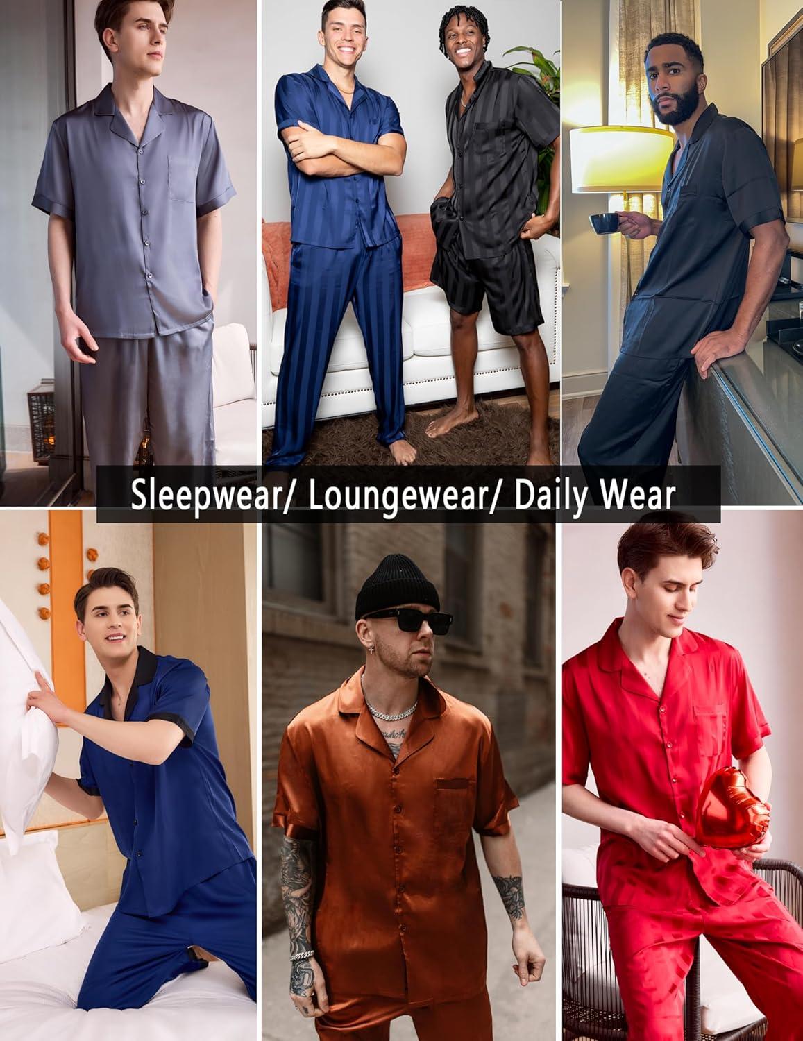 imageEkouaer Men Satin Silk Pajamas Set 2 Piece Button Down Sleepwear Long Pants Loungewear with PocketsDark Gray