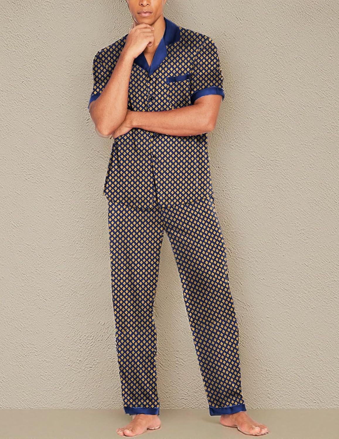 imageEkouaer Men Satin Silk Pajamas Set 2 Piece Button Down Sleepwear Long Pants Loungewear with PocketsYellow Geometric