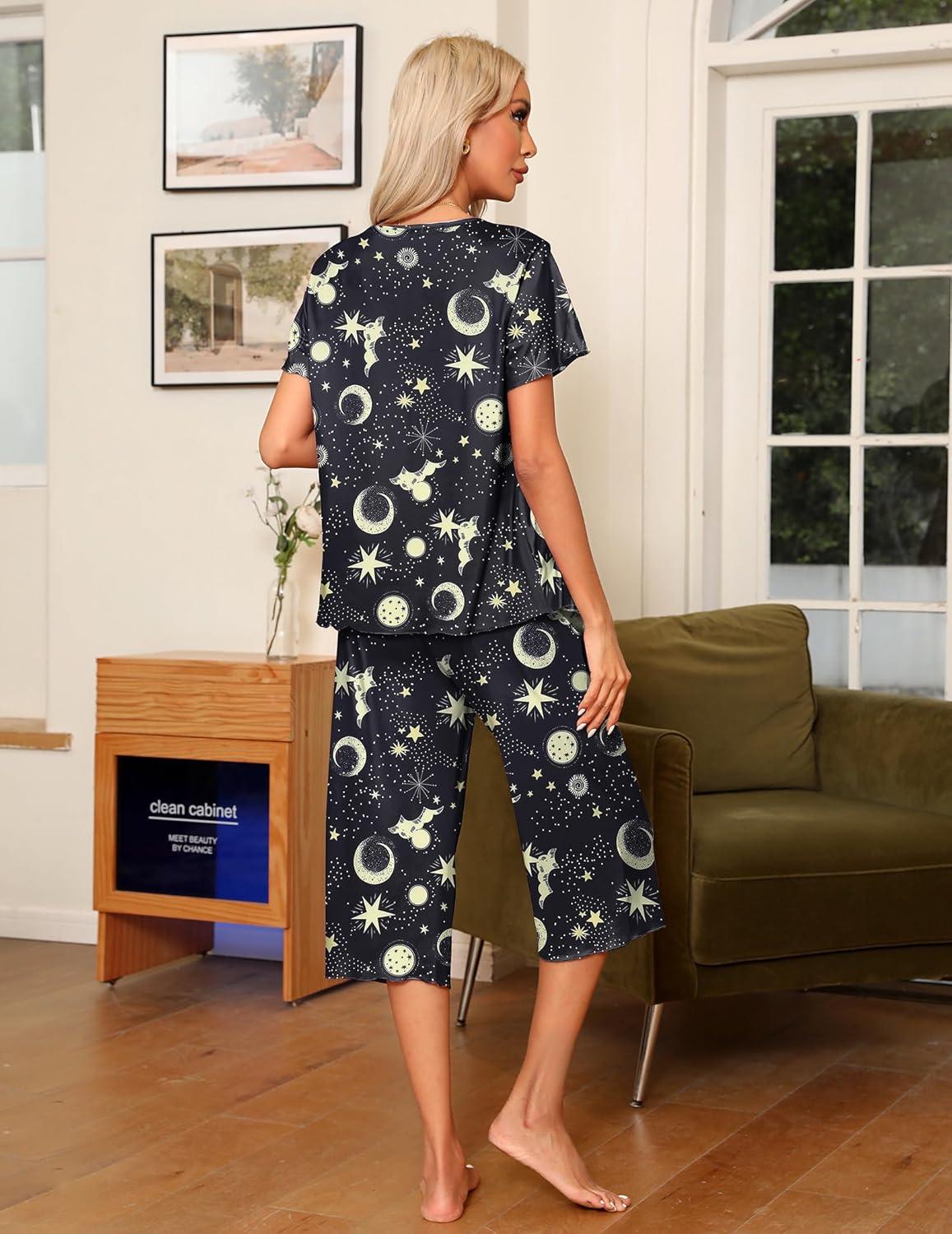 imageEkouaer Pajama Set for Women 2 Piece Capri Pants Short Sleeve Top Sleepwear Soft Pjs Loungewear with Pockets S3XLBlack Moon Stars1