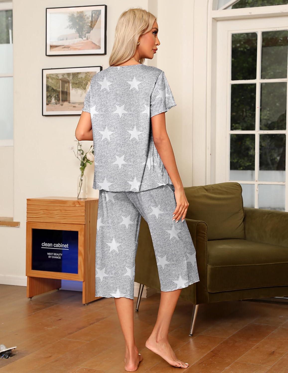 imageEkouaer Pajama Set for Women 2 Piece Capri Pants Short Sleeve Top Sleepwear Soft Pjs Loungewear with Pockets S3XLGray Star