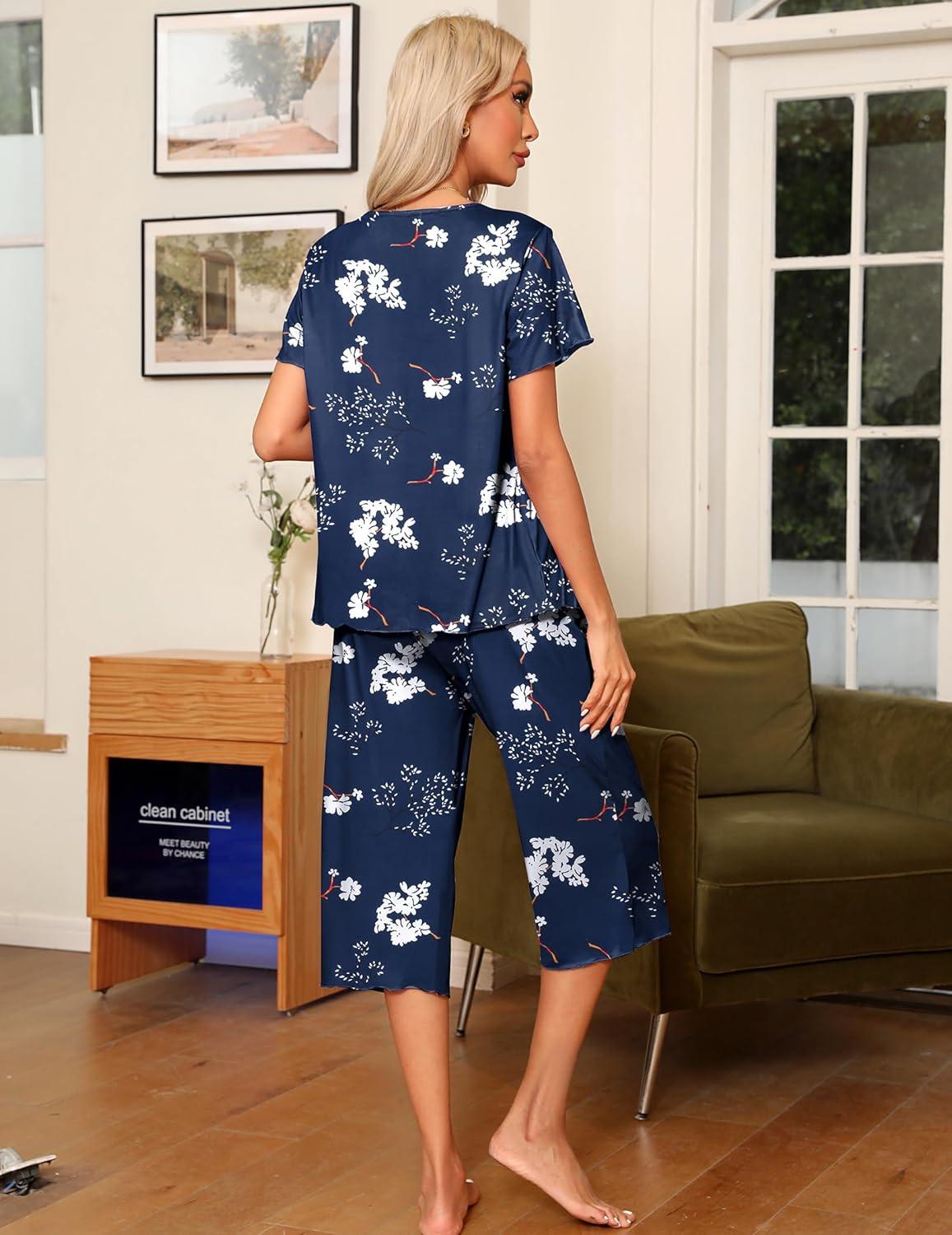 imageEkouaer Pajama Set for Women 2 Piece Capri Pants Short Sleeve Top Sleepwear Soft Pjs Loungewear with Pockets S3XLNavy Blue Flowers