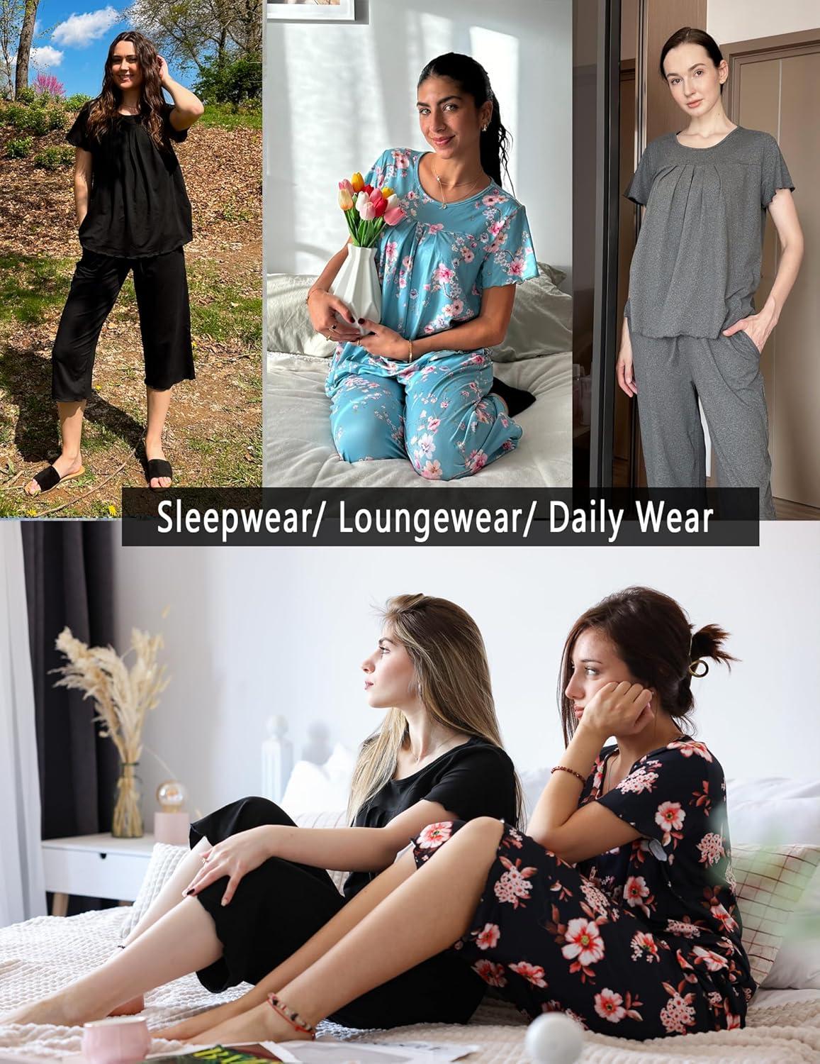 imageEkouaer Pajama Set for Women 2 Piece Capri Pants Short Sleeve Top Sleepwear Soft Pjs Loungewear with Pockets S3XLWhite Flowers