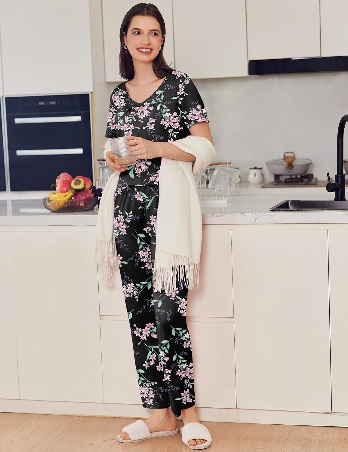 imageEkouaer Pajama Sets for Women 2 Pack Short Sleeve with Long Pant Pjs Sleepwear Comfy Lounge Sets with PocketsBlack Flowers Navy Blue