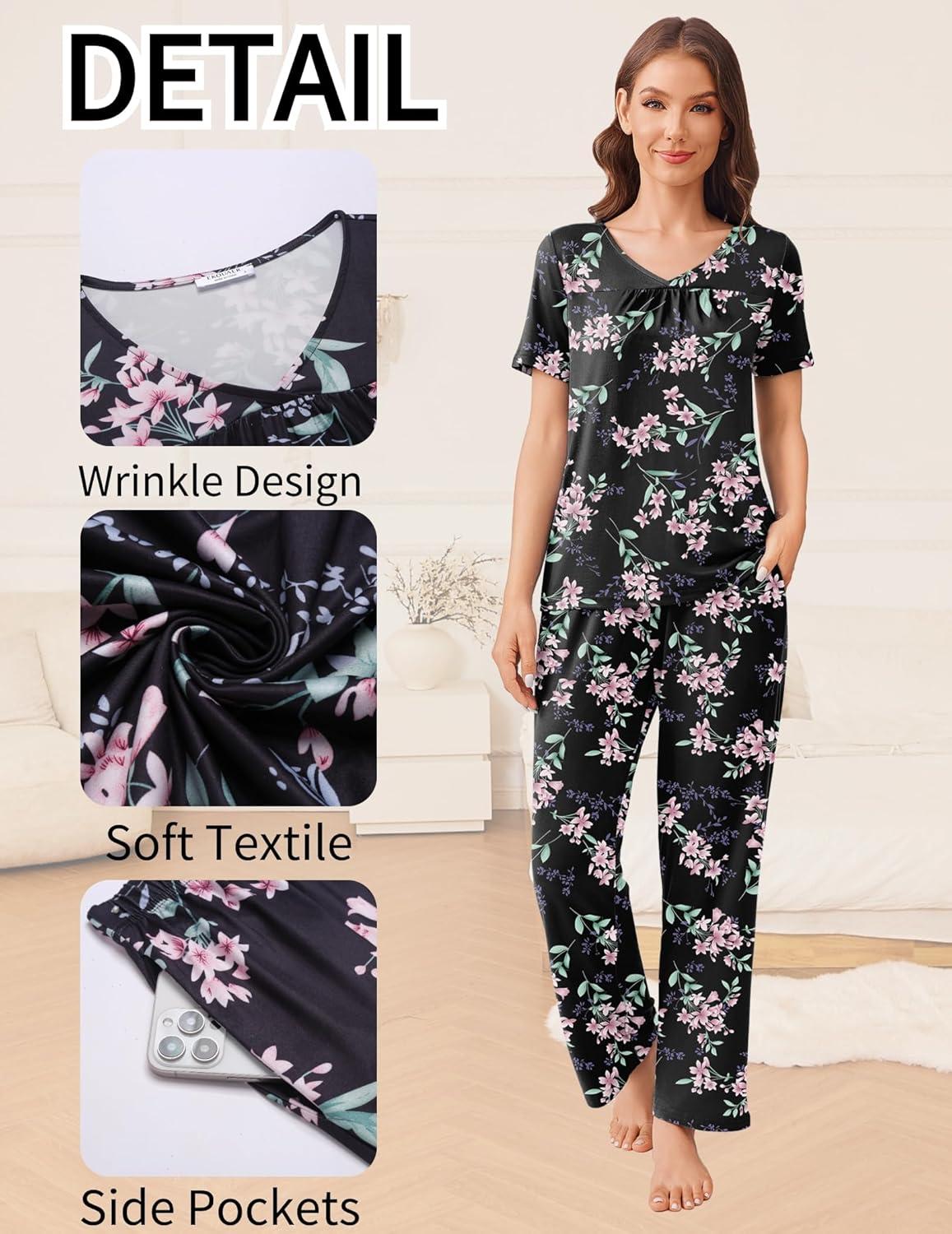 imageEkouaer Pajama Sets for Women 2 Pack Short Sleeve with Long Pant Pjs Sleepwear Comfy Lounge Sets with PocketsBlack Flowers Navy Blue