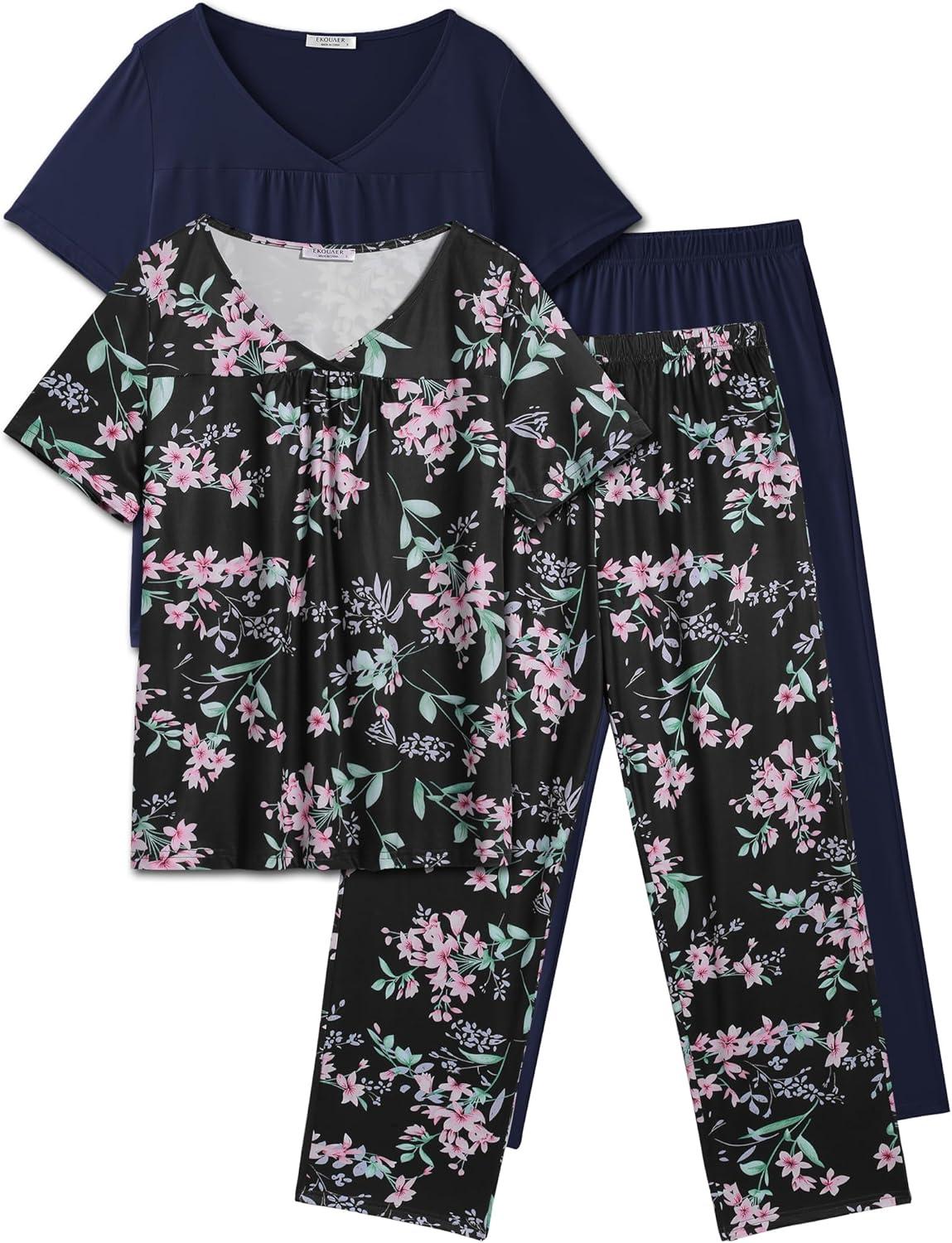 imageEkouaer Pajama Sets for Women 2 Pack Short Sleeve with Long Pant Pjs Sleepwear Comfy Lounge Sets with PocketsBlack Flowers Navy Blue
