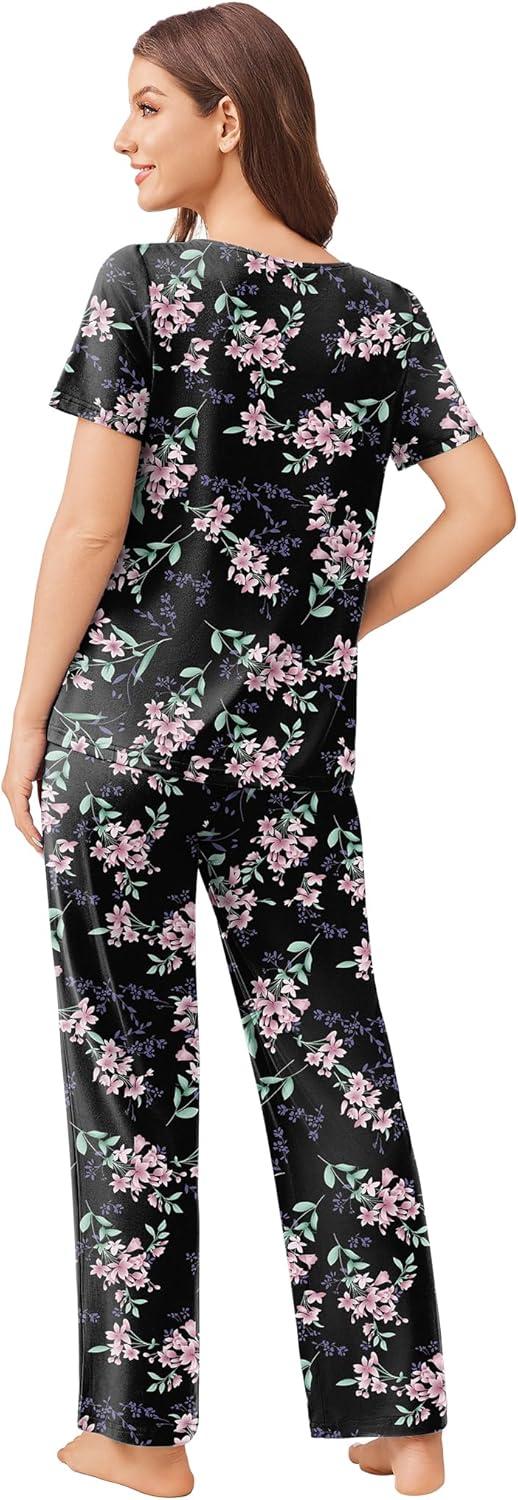 imageEkouaer Pajama Sets for Women 2 Pack Short Sleeve with Long Pant Pjs Sleepwear Comfy Lounge Sets with PocketsBlack Flowers Navy Blue