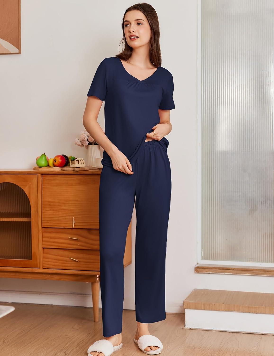 imageEkouaer Pajama Sets for Women 2 Pack Short Sleeve with Long Pant Pjs Sleepwear Comfy Lounge Sets with PocketsBlack Flowers Navy Blue