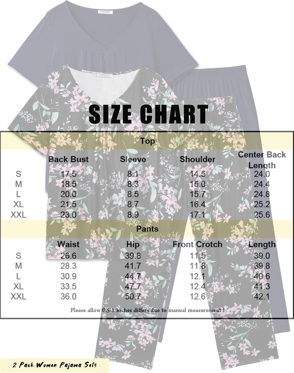 imageEkouaer Pajama Sets for Women 2 Pack Short Sleeve with Long Pant Pjs Sleepwear Comfy Lounge Sets with PocketsBlack Flowers Navy Blue